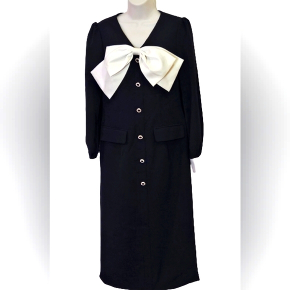 Magic Boutique Black/Cream Front Button Dress w/Trim Bow at Chest,Medium,NWT - Picture 5 of 16